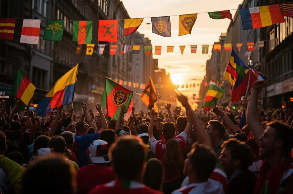 球迷在城市街头庆祝，彩旗与欢呼