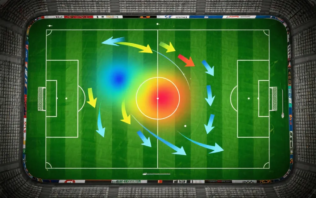 战术复盘画面：球场俯视、热区与传球线路叠加的分析视觉