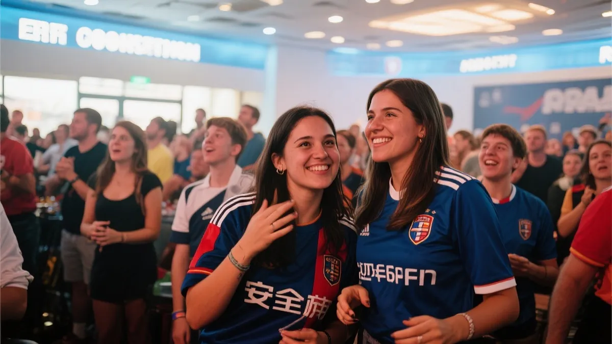 球迷聚会的明亮室内场景，安全与边界主题，温暖写实风格